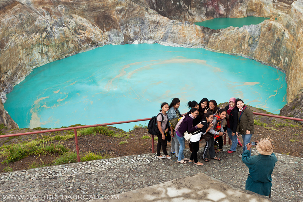 Tourists at three Crater Lakes at Mt Kelimutu, Flores