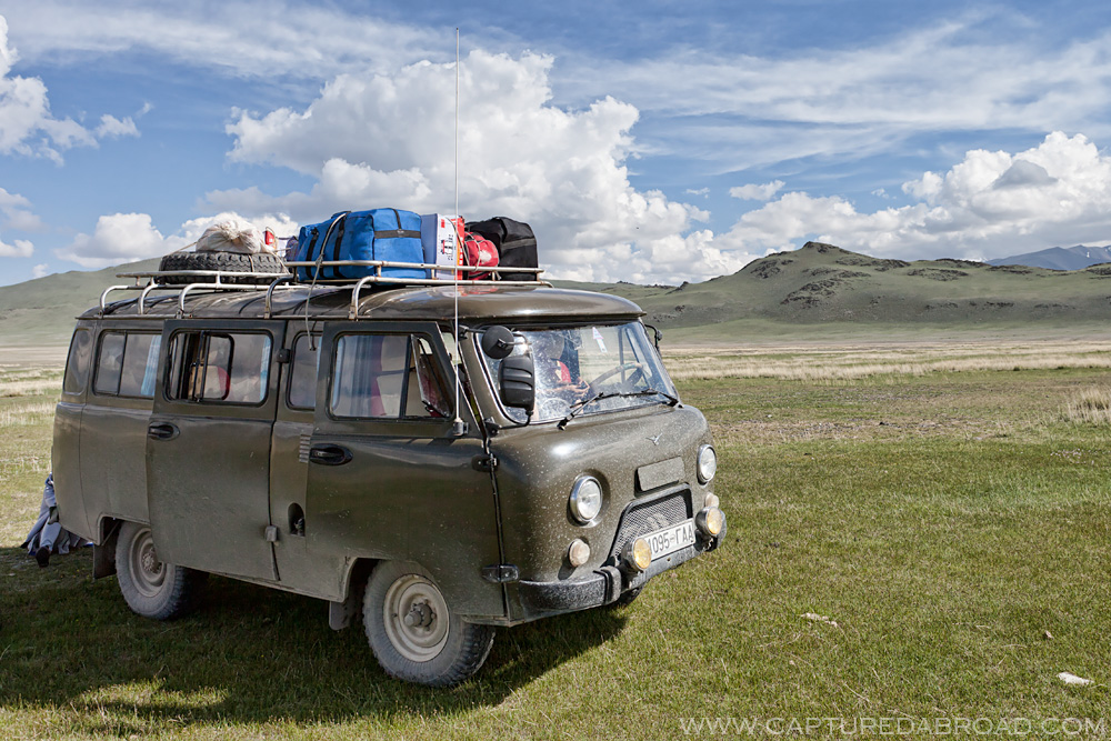 Green grass, russian van, mongolia, transport
