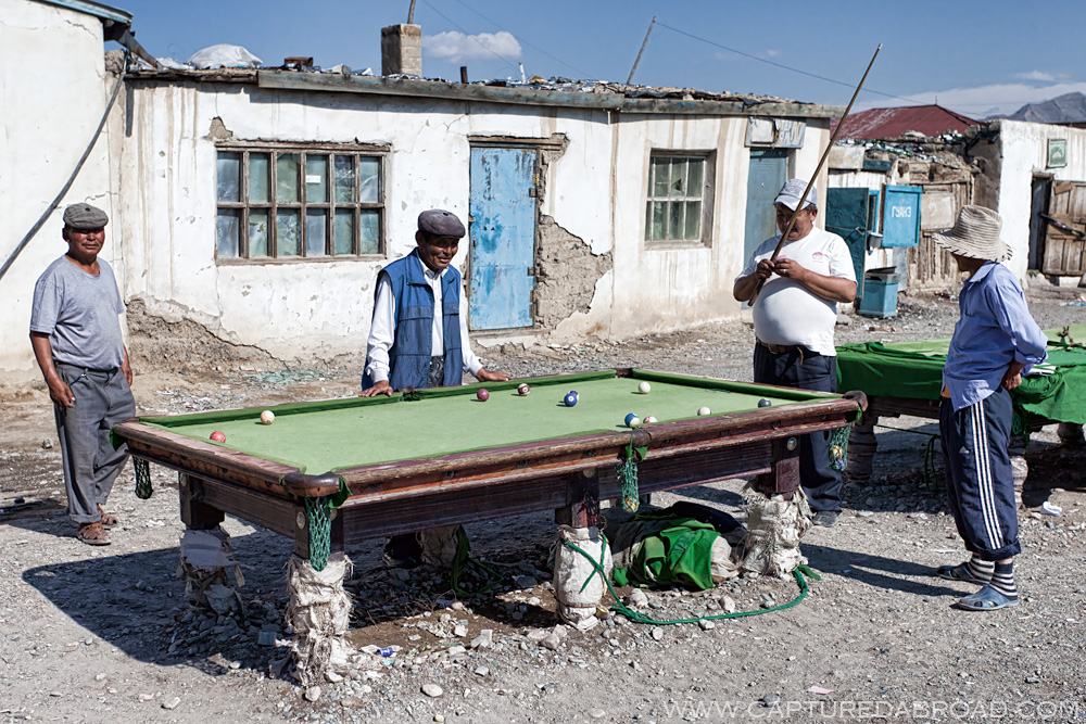 Outdoor pool in the sun, black markets Bayan Ölgii Mongolia