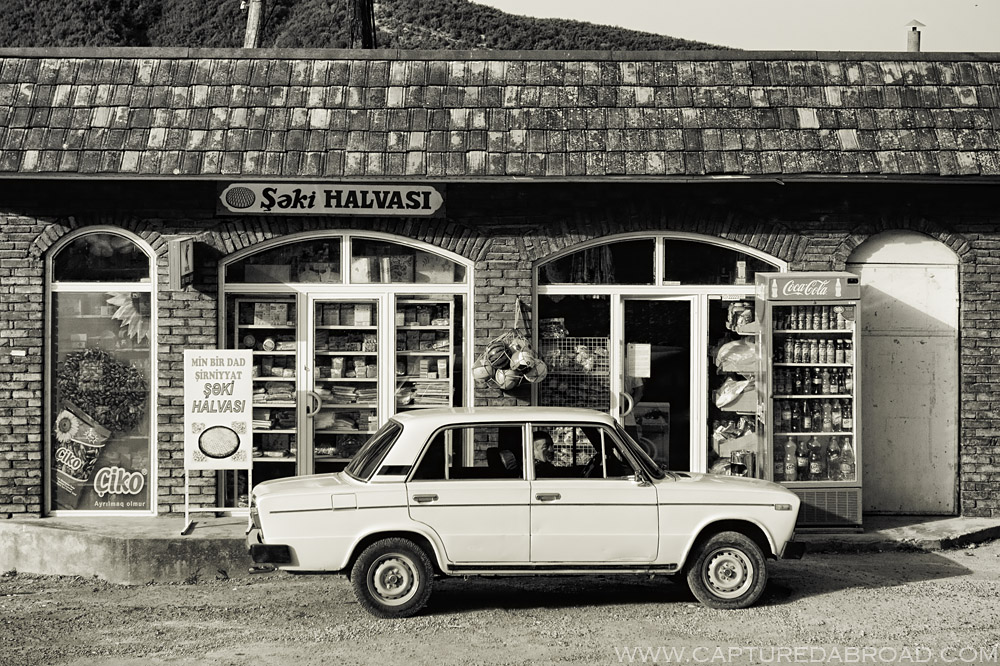 The ubiquitous Lada, parked outside a shop selling Şeki halvasi