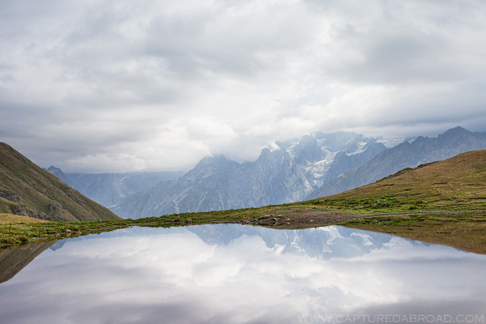 Russian mountains reflect off Lake Koruldi, Mestia